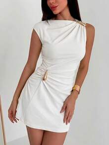 Aloruh Metal Decor Ruched Sleeveless Fashion Mini Dress - White - View 6