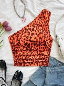 Soleia Sexy Casual One-Shoulder Ruched Leopard Print Top Club Orange Red Summer - Orange - View 3