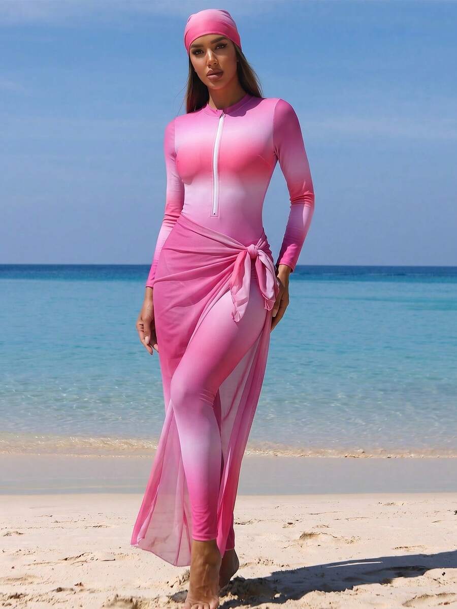 Swim Shayni Bộ Burkini nữ một mảnh tay dài phối màu ombre, khóa kéo trước, kèm váy khoác ngoài đồng bộ và mũ bơi - Nhiều màu - Xem 1