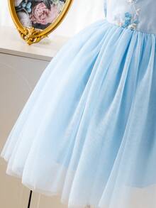 SHEIN Elladie kids 少女蓝色无袖珍珠蝴蝶结网纱罩衫连衣裙，适合晚宴、生日派对、演出、夏季等场合。 - 藍色 - 查看 13