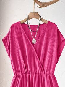Rusticease Plus Size Women's Casual Vacation Short Sleeve Solid Color Rose Pink Mid-Length Dress, Comfortable & Relaxed,Summer - Hot Pink - View 6