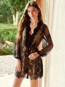 MOTF PREMIUM SPRING/SUMMER WOMEN'S V-NECK LACE WAIST-CINCHING SLEEP DRESS - Black - View 7