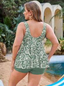 Swim Lushoire Plus Size Women's 2pcs Random Print Tankini Swimwear Set With Drawstring Bust & Waist, Slimming & Minimalist Style For Vacation & Beach For Summer - Multicolor - View 3