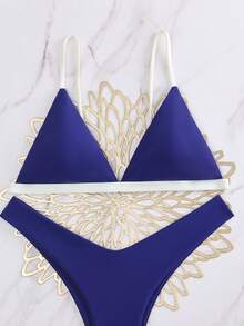 Swim Mod Women's Summer Beach Color Block Sexiest Bikini Two-Piece Swimsuit Set Navy Blue - Multicolor - View 4