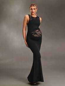 Cheriluna Maternity Maternity Party Photoshoot Dress, Lace Patchwork Asymmetrical Shoulder Fitted Stretchy Bodycon Maxi Dress For Pregnancy Summer Black Elegant - Black - View 4