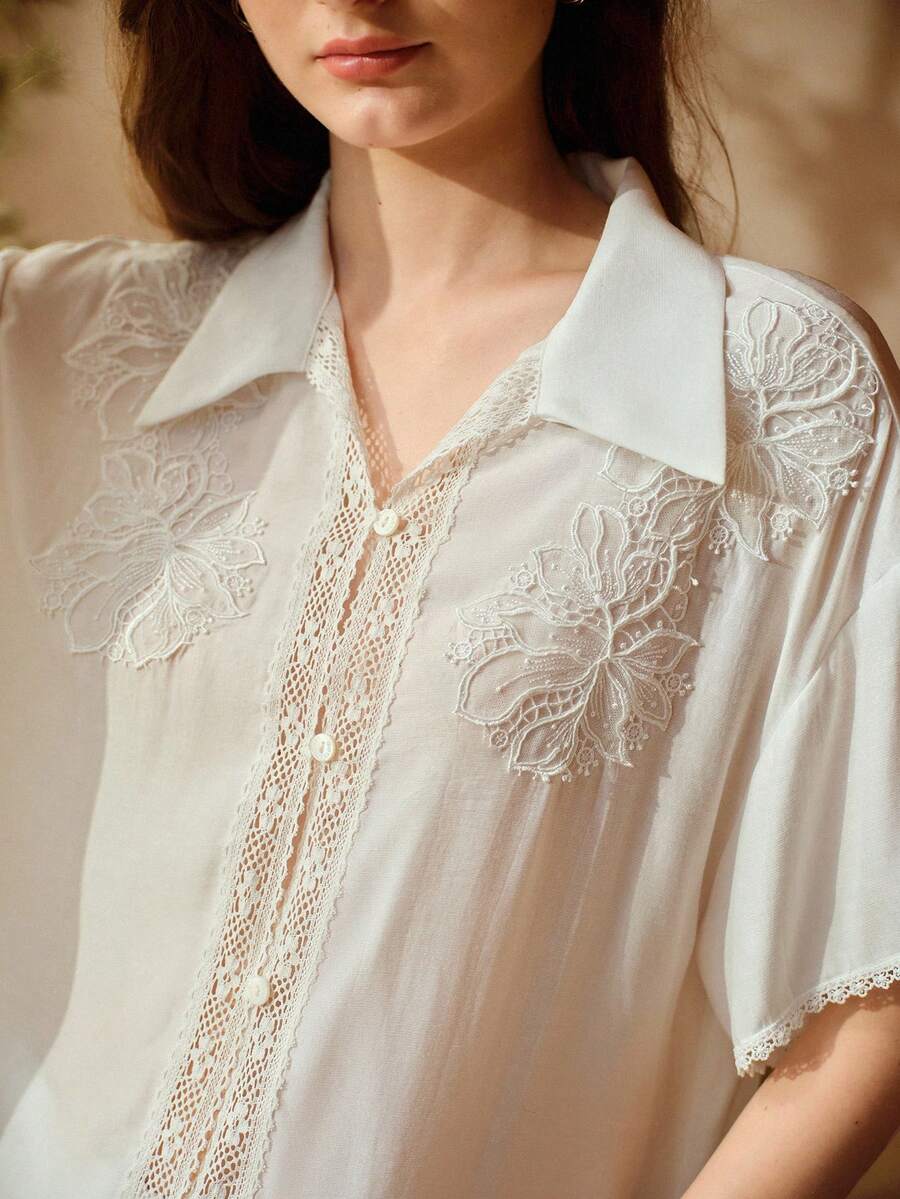 MOTF PREMIUM 女款100%純棉刺繡短袖睡衣上衣,春/夏季 - 白色 - 查看 1
