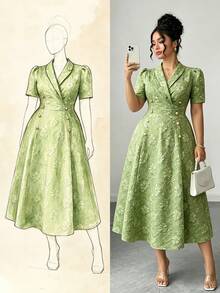 Rometta Áo blazer nữ cỡ lớn màu xanh lá cây kiểu vintage mới, tay phồng, họa tiết hoa 3D dập nổi, cổ bẻ, cài cúc đôi, eo thon gọn, thanh lịch, xếp ly, thích hợp cho đi làm, hẹn hò, dự tiệc, đám cưới. - Nhiều màu - Xem 4