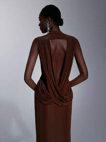 Elitara Elegant Formal Coffee Brown Spring Evening Wedding Stretch Mesh Stand-Up Collar Deep Backless Design Stylish Bridesmaid Guest Party Outfit For - Brown - View 2