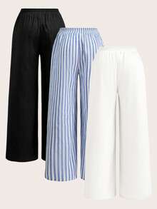 SHEIN Tall CURVE Conjunto de 3 piezas de pantalones casuales de vacaciones con cordón, textura y rayas de unicolor para mujer talla grande - Multicolor - Ver 2