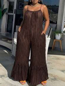 EMERY ROSE Plus Size Pleated Striped Jumpsuit, Loose Wide Leg Pants - Brown - View 4