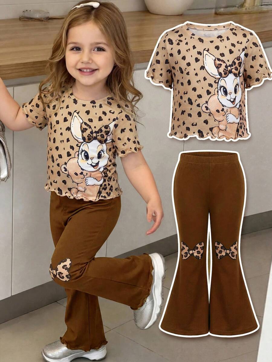 SHEIN 2 peças/Conjunto Casual de Menina Bebê Top de Manga Curta com Laço e Estampa de Onça e Calça Elástica na Cintura com Estampa de Onça, Estampa de Onça e Laço, Top de Manga Curta e Shorts Casuais Elegantes de Gola Redonda, Conjunto de Duas Peças Adequado para Uso Diário na Primavera/Verão - Caqui - Visão 1