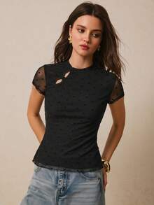 Poéselle Women's Elegant Black Polka Dot Summer T-Shirt,Mesh Patchwork Short Sleeve Keyhole Slim Fit Top,New Chinese Style Ruffled Trim Dinner Date Night Party - Black - View 3