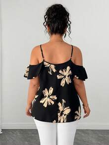 SHEIN Clasi Plus Size Elegant Business Casual Floral Print Off-Shoulder Camisole Shirt For Summer Vacation Black Dates Holiday Outfits For Women Sexy Outfits - Black - View 2