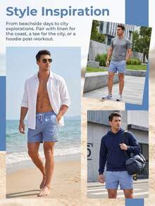 Manfinity Swimmode 男士休闲度假印花抽绳腰带拉链口袋沙滩短裤 - 藍色 - 查看 5