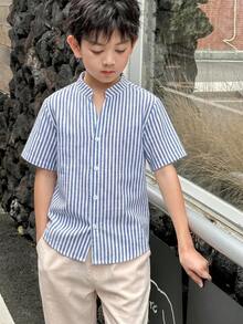 SHEIN 2件套 青少年男童宽松休闲立领梭织纯色短袖衬衫和裤子套装 - 彩色 - 查看 4