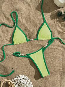 Swim Vcay Summer Beach Colorblock Contrast Trim Micro Triangle Bikini Set Music Festival - Yellow - View 4