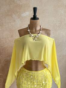 Nuevo top suelto con hombro asimétrico y transparente con lentejuelas doradas y falda mini fruncida de cintura baja asimétrica, estilo bohemio, boho, para vacaciones, vintage, fiestas, - Amarillo 2 - Ver 10