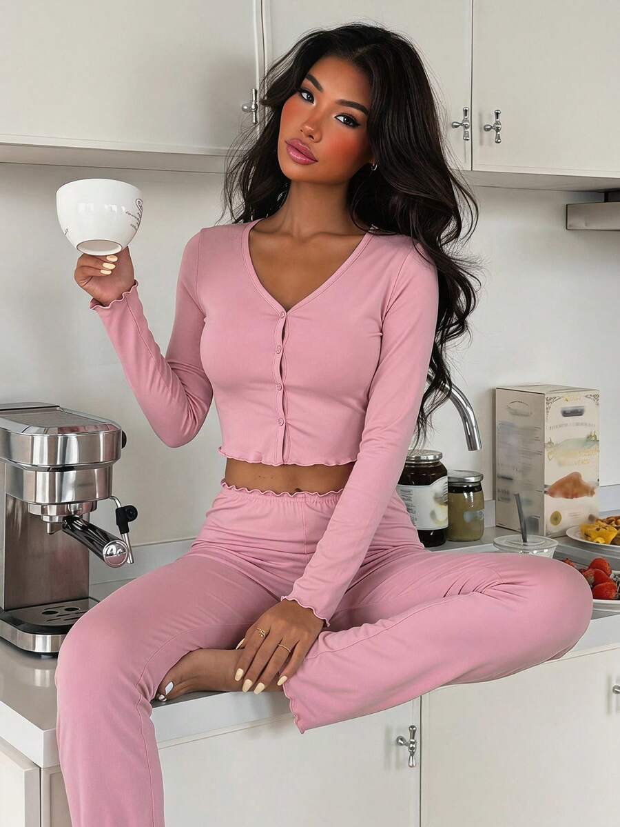 Livesso Women's Solid Color Comfortable Single-Breasted Long Sleeve Top And Casual Pants Pajama Set Fall - Pink - View 1