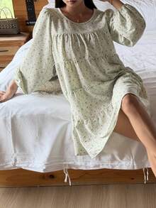 DAZY Süßes Ditsy Blumenmuster locker sitzendes Damen Nachthemd, Frühling/Sommer Pyjama - Grün - Übersicht 4