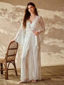 MOTF PREMIUM WOMEN'S LACE EMBROIDERED ROMANTIC LONG ROBE, SPRING/SUMMER - White - View 6
