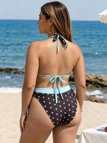 Swim Vcay Women's Plus Size Polka Dot Print Solid Color 2-Piece Halter Neck Backless Tie Triangle Bikini Set Set For Vacation Beach Summer Sexy 1920s - Multicolor - View 2