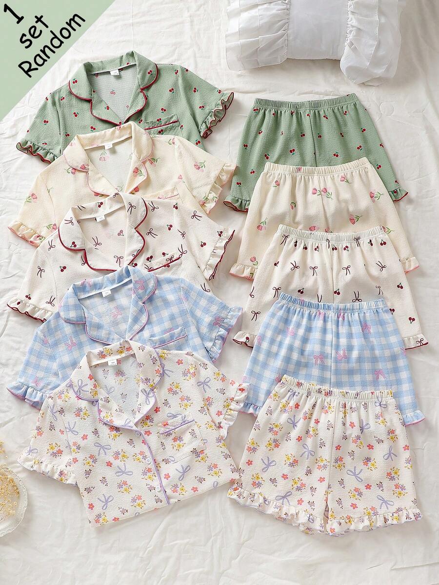 [Randomly Sent 1 Set]Tween Girls Pajamas Comfortable Fashionable Small Cherry, Blue Plaid, Bow, Country Style Small Ditsy Floral Ruffle Elegant Girl Short Sleeve Shorts 2-Piece Loungewear Set - Multicolor - View 1