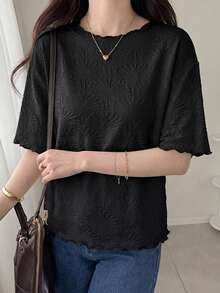 FRIFUL 女款波浪條紋寬鬆對比飾邊短袖T恤，夏季休閒穿搭 - 黑色 - 查看 5