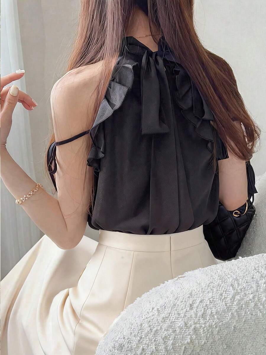 FRIFUL Women's Summer Solid Color Ruched Ruffle Tie-Front Bow Knot Casual Elegant Blouse School Cute Tops Party Date Night Black - Black - View 1
