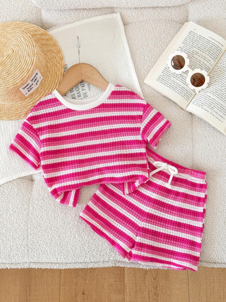 LMoss Kids 2pcs Baby Girl Knitted Striped Round Neck T-Shirt And Shorts Set - Hot Pink - View 1