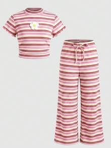SHEIN 2件組少女針織條紋3D花朵裝飾立領T恤與內搭褲套裝 - 粉色 - 查看 4