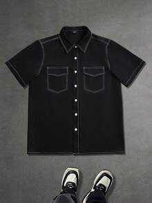 Zorclune Men's Summer Casual Contrast Stitched Shirt Men Shirts With Pockets Men Work Shirts - Black - View 1