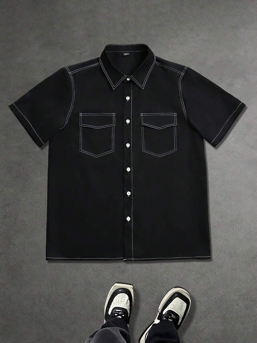 Zorclune Men's Summer Casual Contrast Stitched Shirt Men Shirts With Pockets Men Work Shirts - Black - View 1