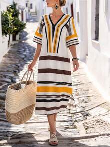 Isle Nomé Women's Casual Boho Loose Pastel Rainbow Print V-Neck Short Sleeve Dress, Summer Beach - Multicolor - View 4