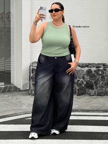 SHEIN CURVE+ Women's Plus Size Casual Basic Fitted White Round Neck Off-Shoulder Tank Top, Comfortable Summer Fabric - Green - View 6