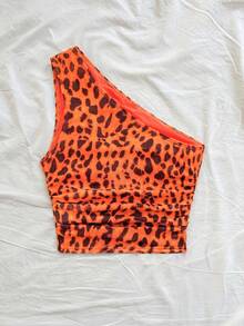 Soleia Sexy Casual One-Shoulder Ruched Leopard Print Top Club Orange Red Summer - Orange - View 2