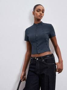 ATUI Studio Blouse décontractée à double boutonnage et manches courtes de couleur unie pour femmes - Bleu azur - Voir 5