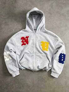 PAVTROS Sudadera con capucha y cremallera para hombre joven, estilo deportivo y urbano, con bolsillos y patchwork - Gris Claro - Ver 1