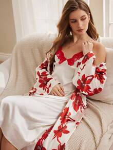 Moireta Bộ đồ ngủ nữ gồm áo choàng satin in hoa và áo hai dây viền ren. - Đỏ - Xem 6