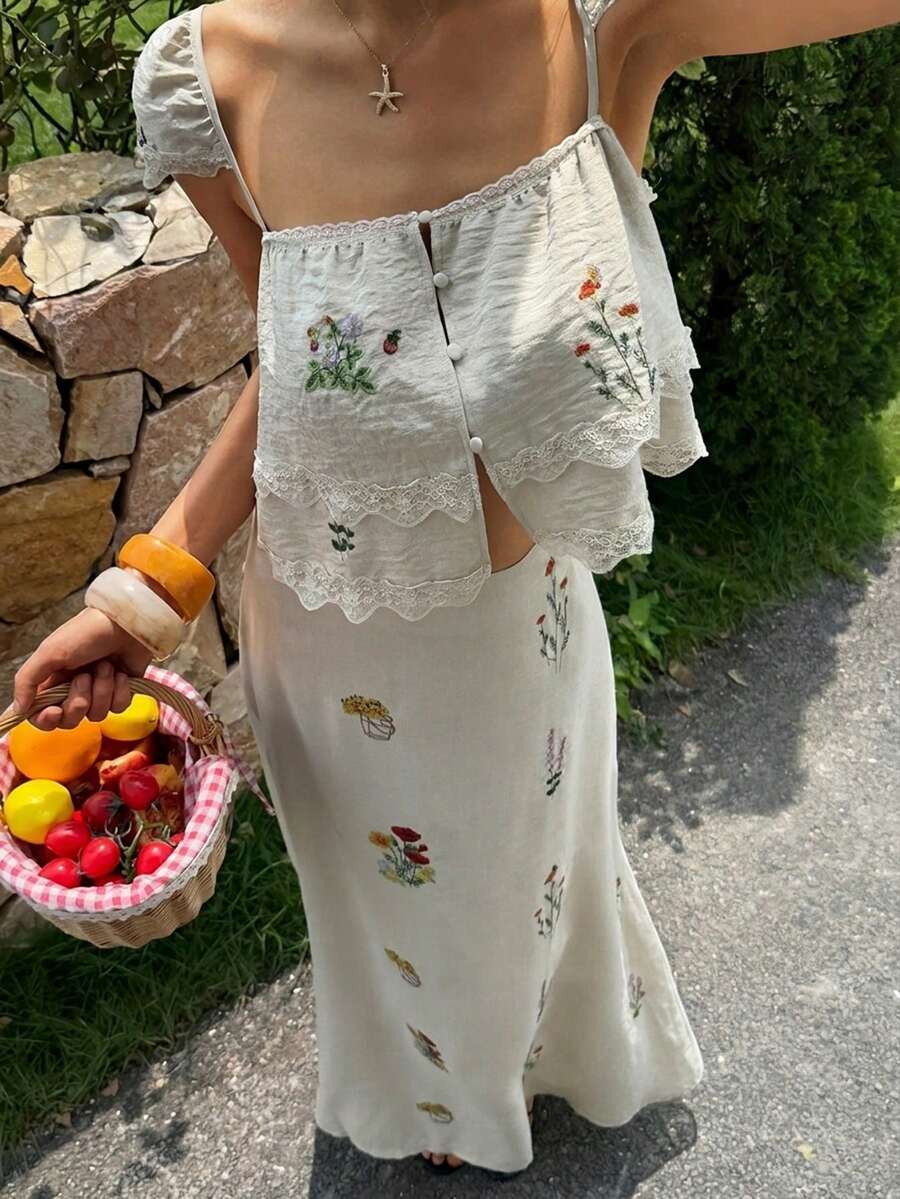 Attriella Spring Summer Floral Print Bohemian Camisole Top And Casual Skirt Set, Elegant Vacation & Commute 2-Piece Outfit For Women - Beige - View 1