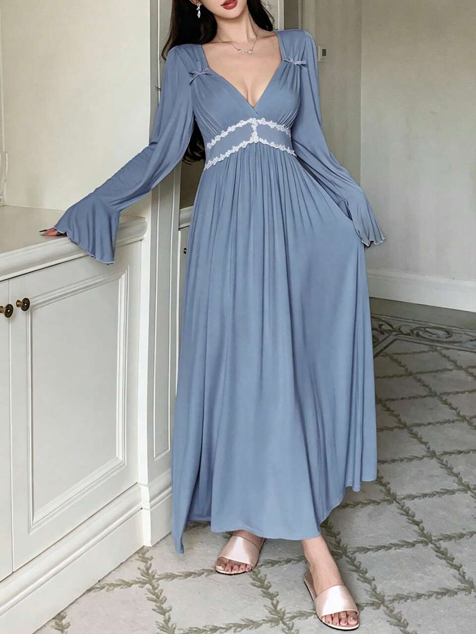 Romantic Ruched Design Floral Trim Waist Cinched Ruffle Sleeve Maxi Nightgown For Women Pajamas