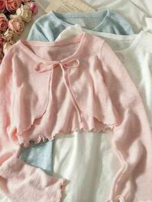 Resyla Atasan Luar Pendek dengan Hiasan Rumbai Kayu dan Tali Pengikat - Baby Pink - View 1