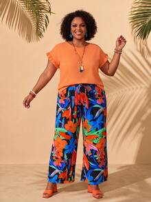 EMERY ROSE Plus Size Women's Spring/Summer Beach Vacation Solid Color Ruffle Sleeve Top And Botanical Print Wide Leg Pants 2-Piece Set Burnt Orange Black Boho - Multicolor - View 6