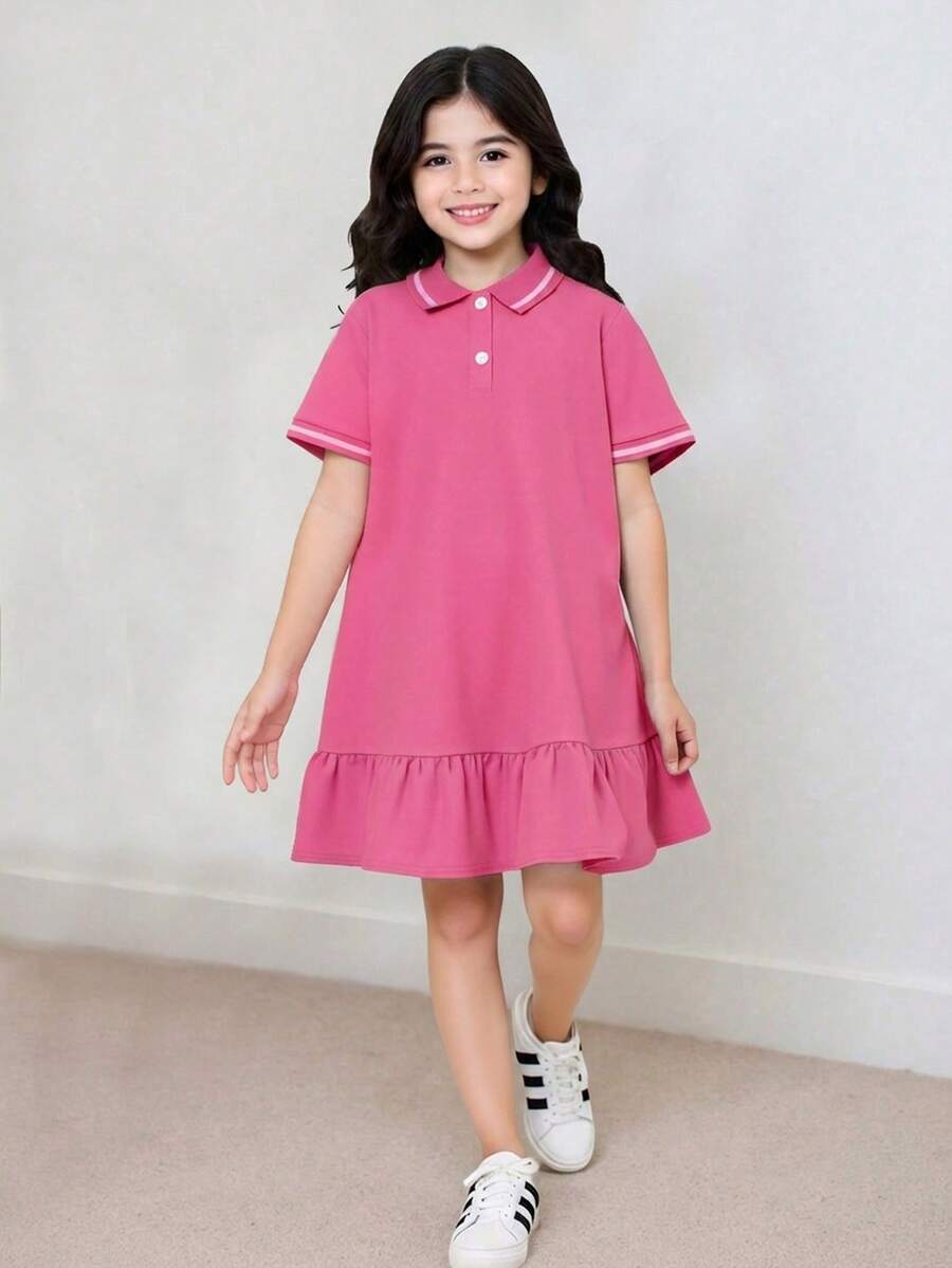 青少年女孩休閒舒適立領撞色羅紋純色洋裝,開學季公主裙,適合畢業舞會、生日派對,Y2K時尚街頭個性甜酷風 - 玫紅色 - 查看 1