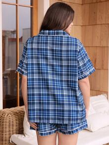 Doze Lane Classic Plaid Print Lapel Cardigan Short Sleeve Shorts Pajama Set, Plus Size Night Navy Blue Summer - Navy Blue - View 2