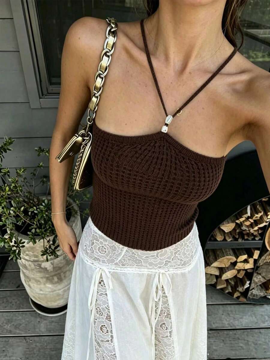 SHEIN PariChic 女士春夏新款针织吊带背心,细肩带设计,优雅法式风格,休闲修身度假外套,独特搭扣领口,可叠穿 - 棕色 - 查看 1