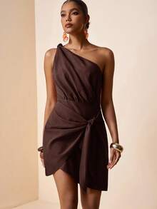Zivah Spring/Summer Easter St. Patrick's Day Valentine's Day Vacation Elegant Nomadic Daily Casual Cruise Travel Chocolate Brown Wrap Tie Waist Mini Dress - Rust Brown - View 6