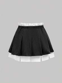 SHEIN MOD Plus Size Patchwork Pleated Skirt, Summer Early Autumn Short Skirt, 2 In 1 Design, Black And White A-Line Skirt, Sports Collegiate Style, Graduation - Black and White - View 3