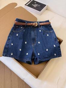 GlowEve Women's Embroidered Denim Shorts, Summer - Dark Wash - View 10