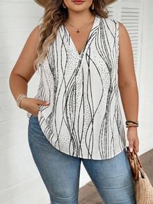 SHEIN CURVE+ Plus Size Summer Casual Striped Sleeveless Shirt - Black and White - View 4
