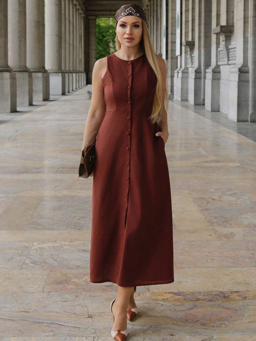 Elenary Edit Women's Round Neck, Single-Breasted, Sleeveless, Brown Dress Elegant Summer - Brown - View 1